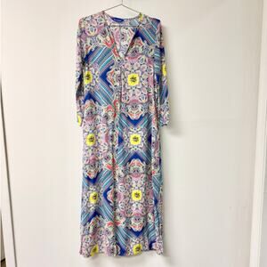 Three Islands Floral 3/4 Sleeve V-Neck Beach Maxi Dress Blue Multi Women's XS